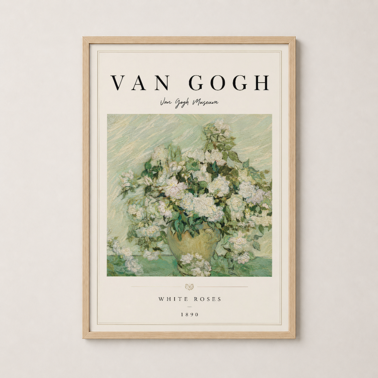 Van Gogh Beyaz Güller tablosu ahşap çerçeveli, sıcak ve doğal tonda sanatsal dekorasyon çözümü.