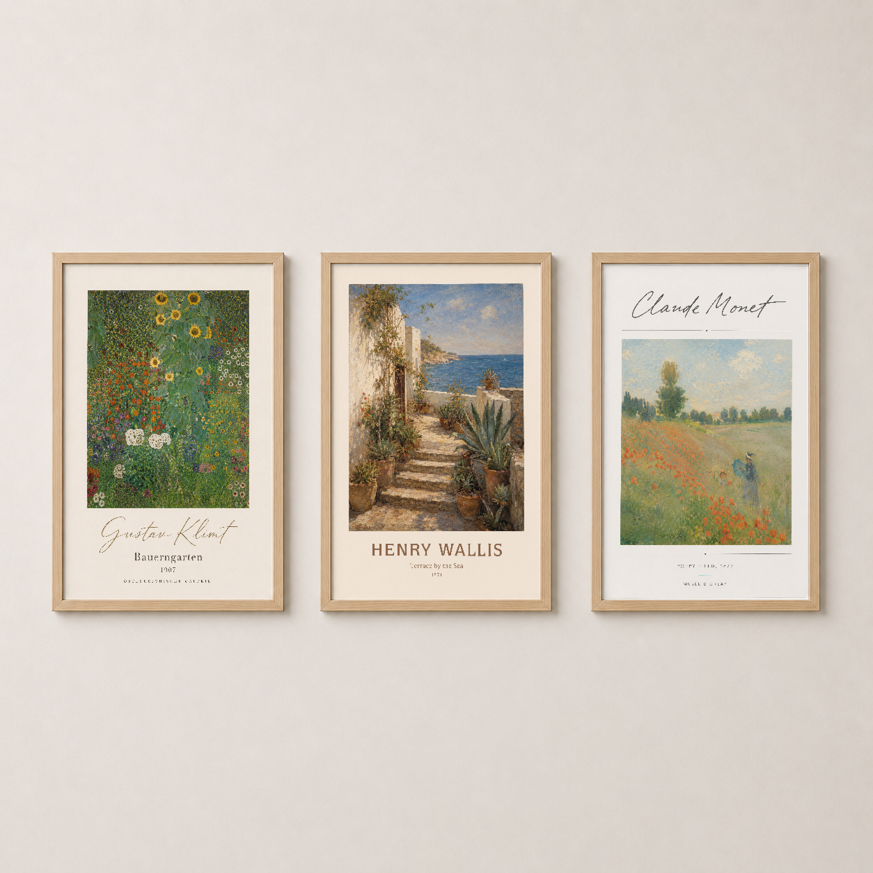 Yeşil Mavi Bahçe ve Deniz Klasik Sanat 3'lü Set Duvar Tablosu