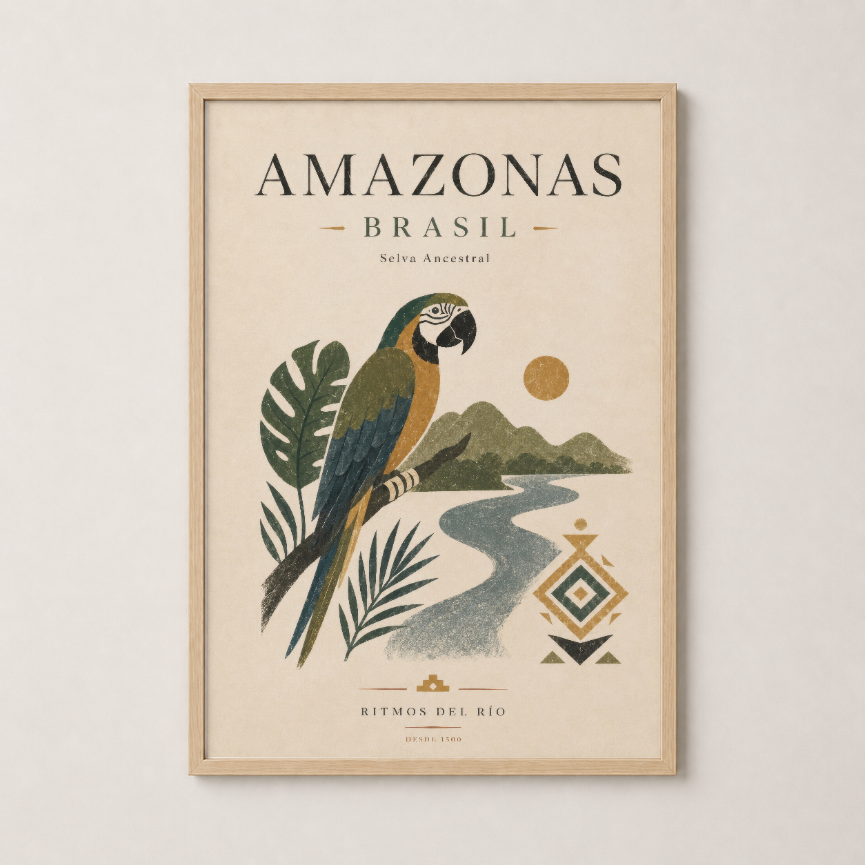 Ahşap çerçeveli Amazonas Brasil posteri, sıcak ve doğal tonda ev dekorasyonunda kullanılan sanat eseri.