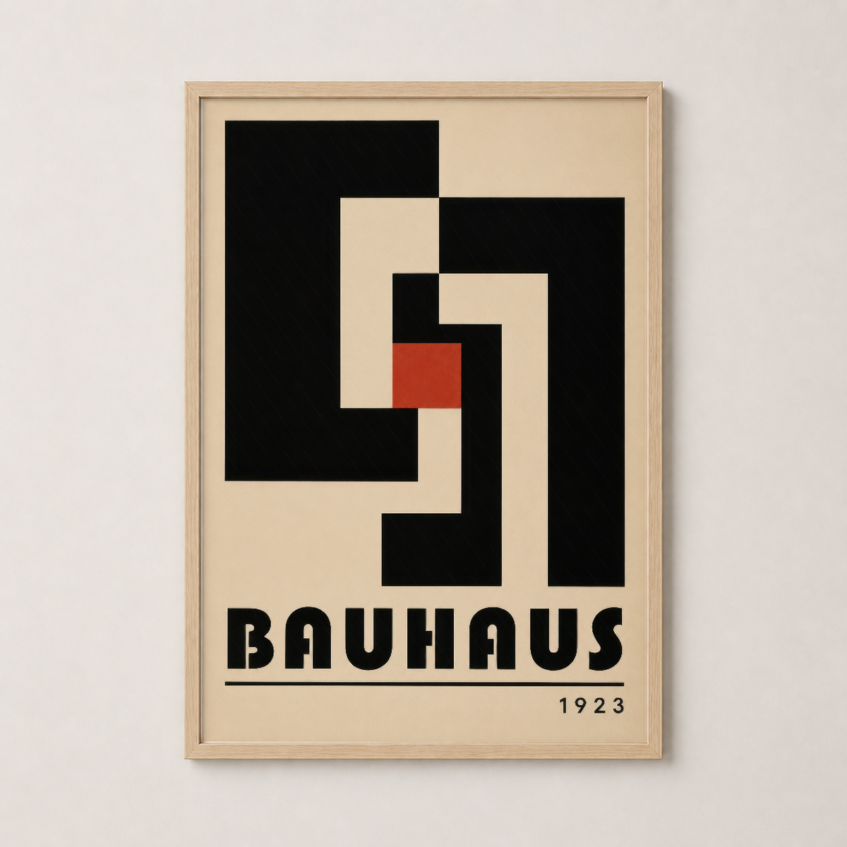 Ahşap çerçeveli Bauhaus duvar tablosu, sıcak tonlarıyla rahat ve şık bir ortam oluşturuyor.