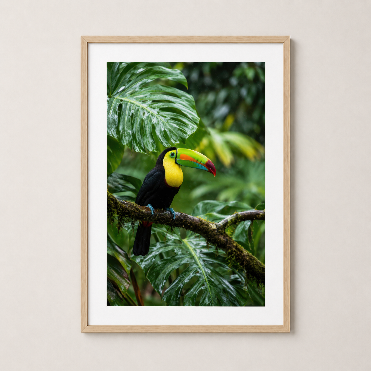 Ahşap çerçeveli poster, yapraklı şubeler arasında duran tropikal toucan kuşunun canlı görüntüsü.