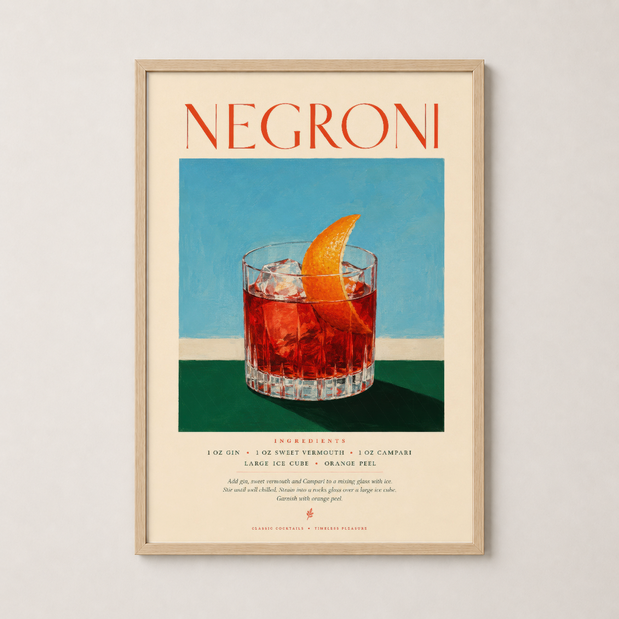 Negroni kokteyl posteri ahşap çerçevede, vintage içecek sanat baskısı.