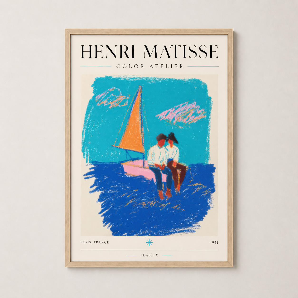 Matisse Color Atelier posteri ahşap çerçevede: deniz ve yelkenli motifinin zarif sunumu.