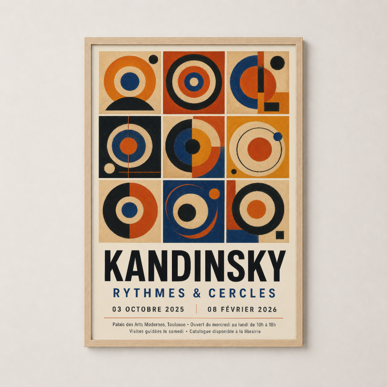 Kandinsky duvar tablosu ahşap çerçevede, turuncu mavi siyah renklerin oyunuyla dekorasyonu tamamlayan sanat eseri.