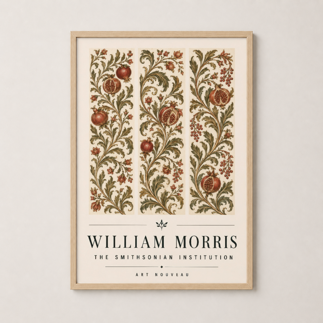 Ahşap çerçevede sergilenen William Morris'in renkli nar desenli vintage stil duvar tablosu.