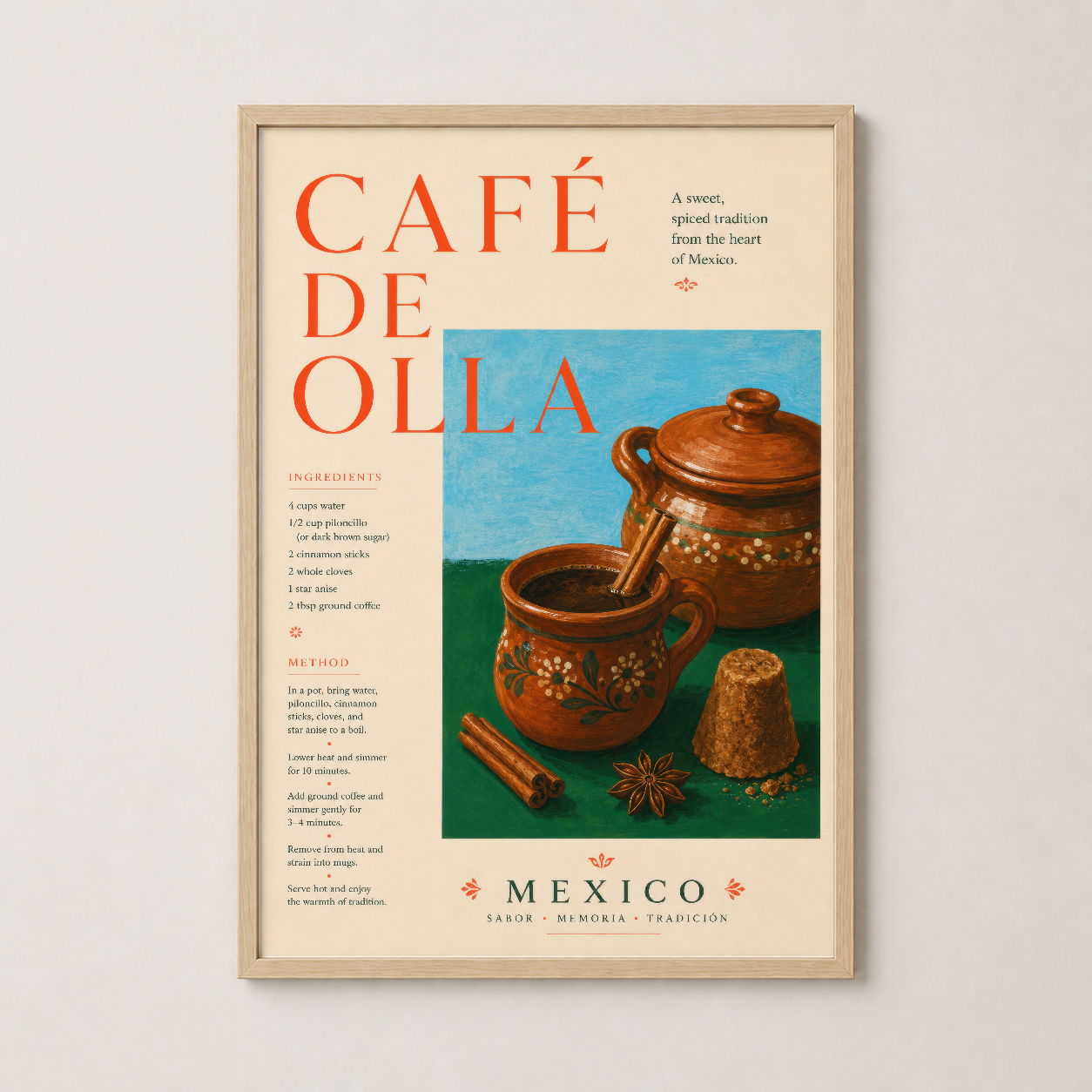 Ahşap çerçeveli Café de Olla posteri, sıcak kahve kültürünü evde yaşatıyor.