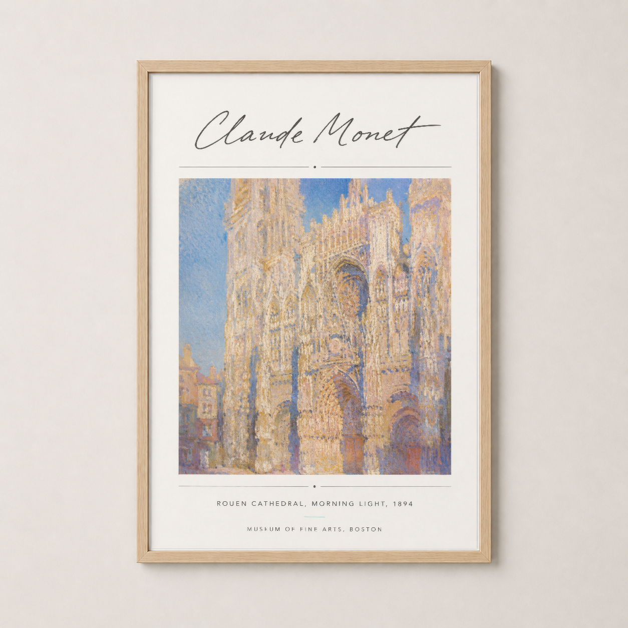Monet'nin Rouen Katedrali tablosu ahşap çerçevede, sıcak ve doğal ambiyans yaratan dekoratif sanat parçası olarak modern