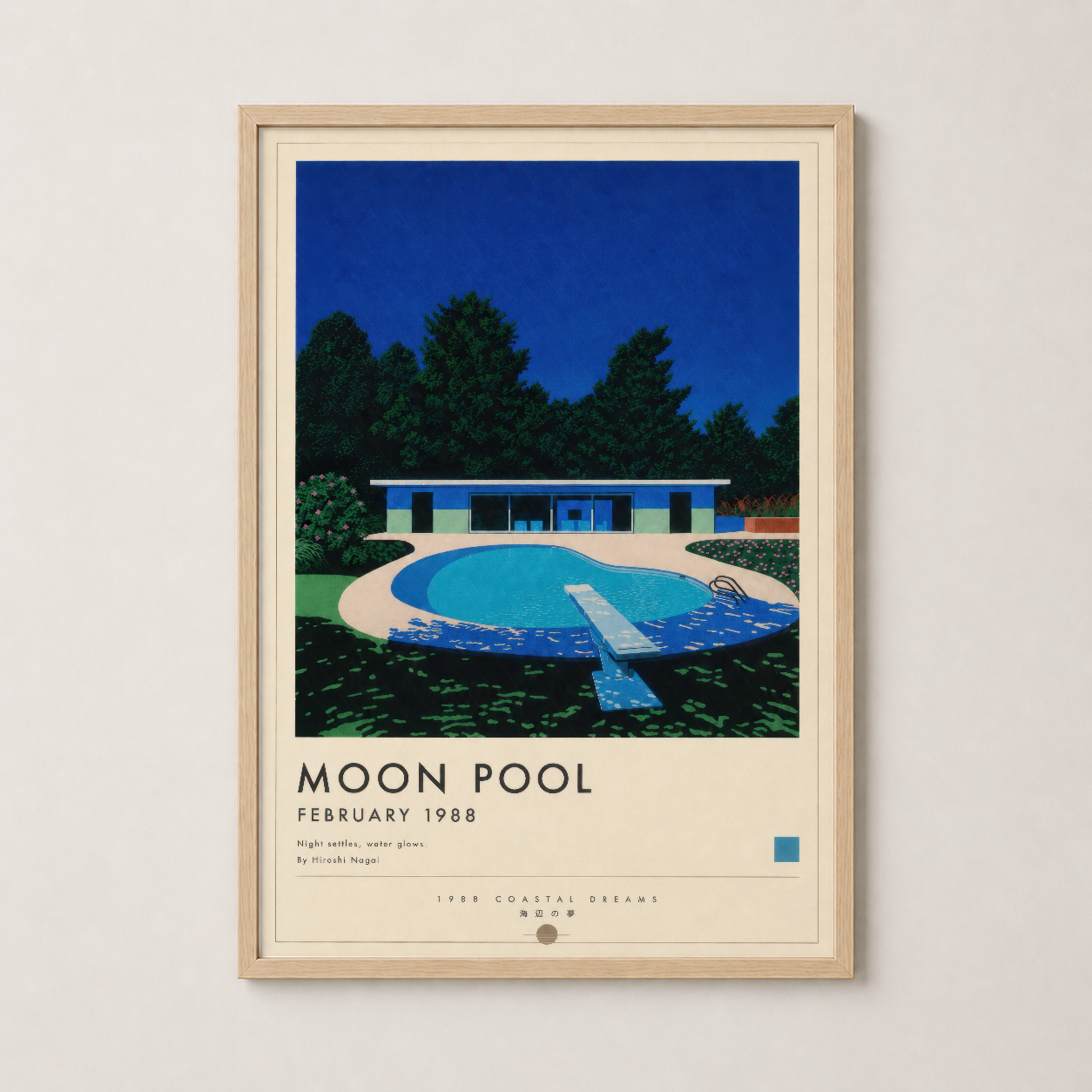 Moon Pool poster ahşap çerçeveli, vintage estetikli duvar tablosu, oturma odasına uygun.