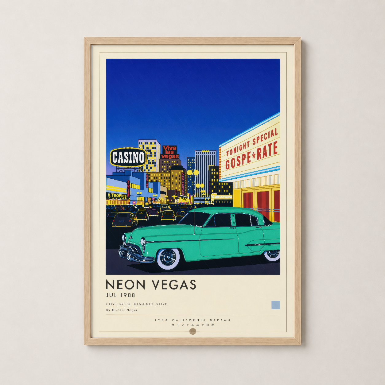 Ahşap çerçeveli vintage Las Vegas tablosu, turquoise araba ve işıltılı kasino resimli poster.