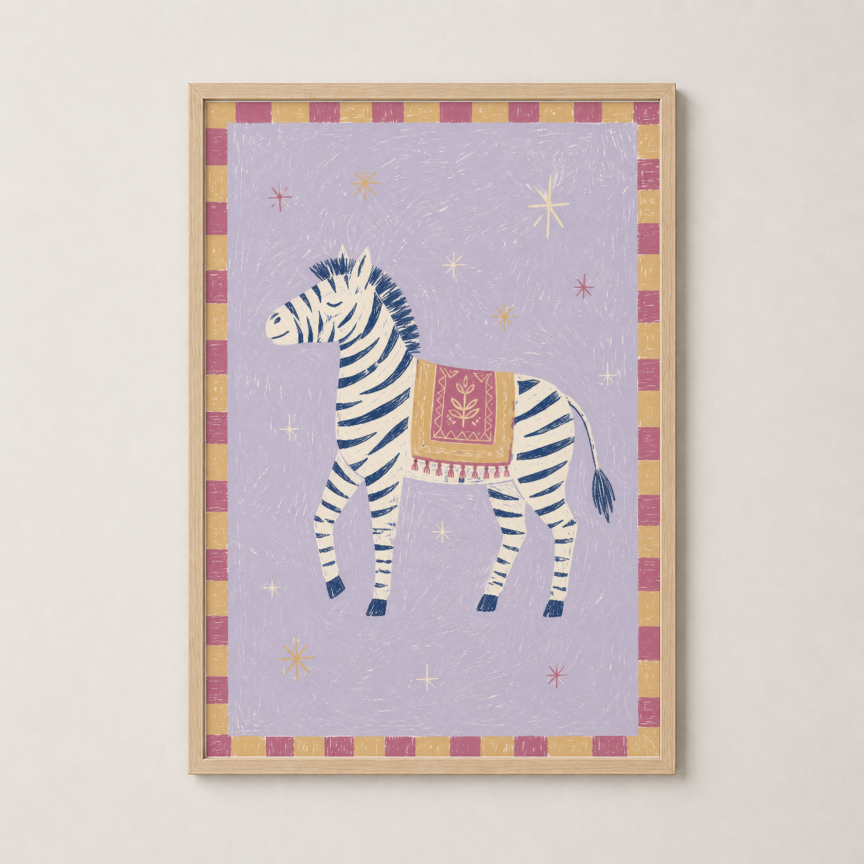 Ahşap çerçevede seramik tarzı zebra tasarımlı poster, sıcak ve doğal ev dekorasyonuna uyum sağlar.