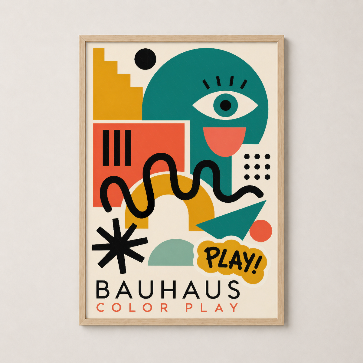 Bauhaus Color Play tablosu doğal ahşap çerçevede, canlı renkli soyut tasarım ve oyuncu atmosferiyle duvarı canlandıran sanat