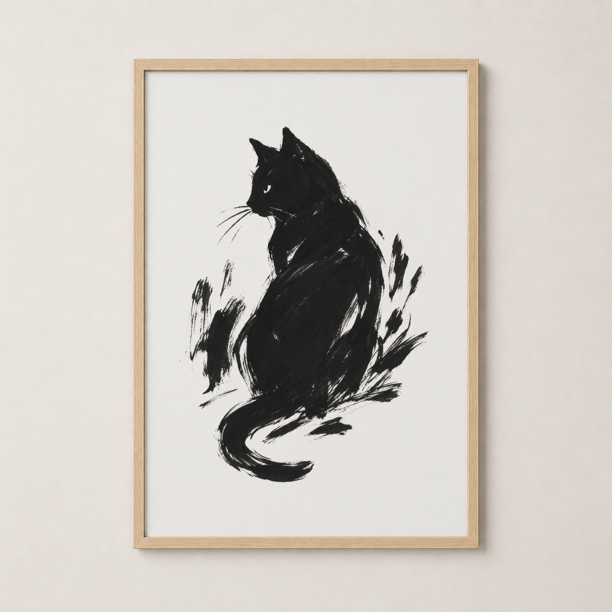 Doğal ahşap çerçevede dinamik kedi çizimi, sıcak ve organik dekor tamamlayıcısı olarak ideal.