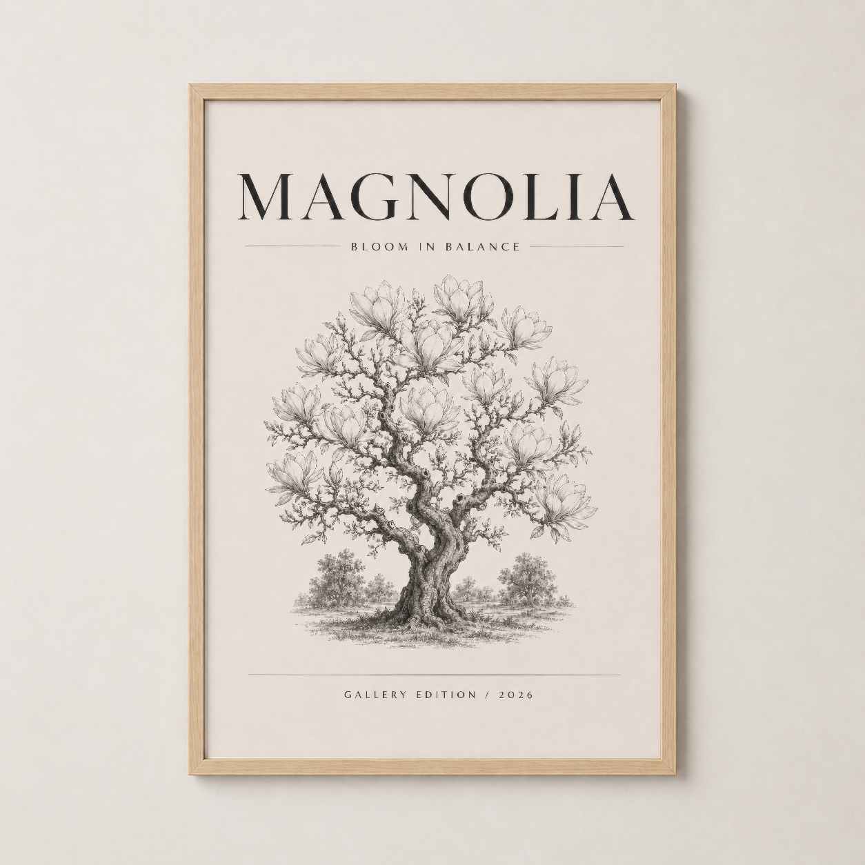 Doğal ahşap çerçeveli Magnolia sanat tablosu, sıcak ve organik dekorasyon tamamlaması.