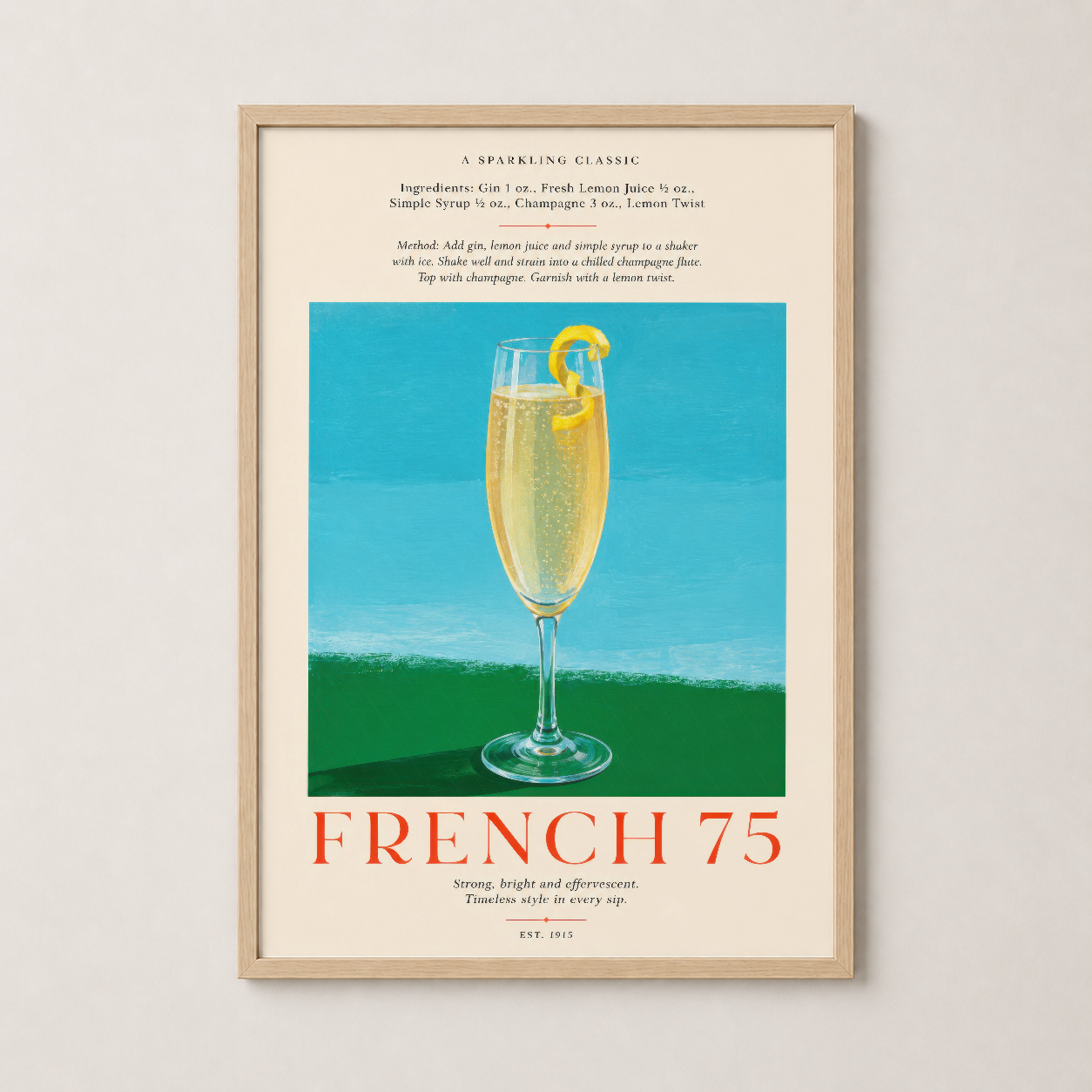 Ahşap çerçeveli French 75 duvar tablosu, şampanya koktayli posteri, ılık minimalist mutfak dekorasyonunda.