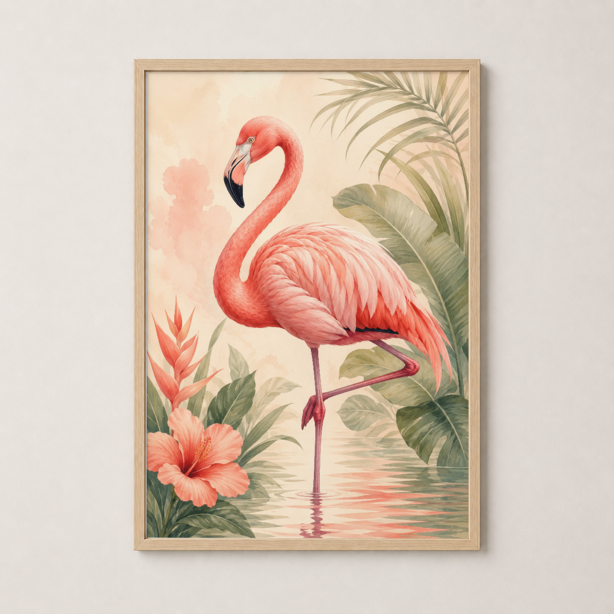Ahşap çerçeveli flamingo posteri, doğal tonlarıyla sıcak ve rahat bir dekoratif element.