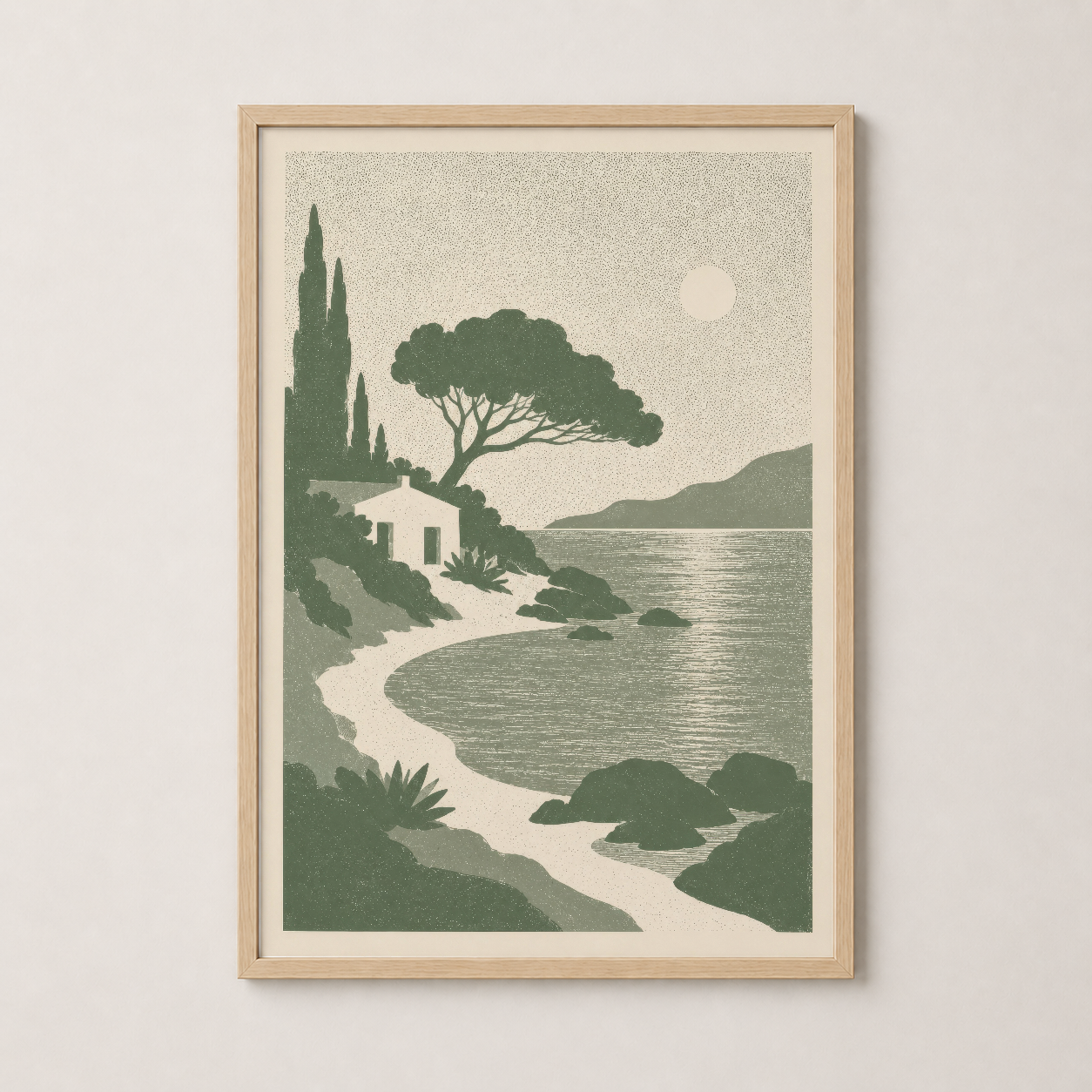 Ahşap çerçeveli, doğal çizgilerle bezenmiş Akdeniz temalı sanat baskısı, ılık dekora uyum sağlar.