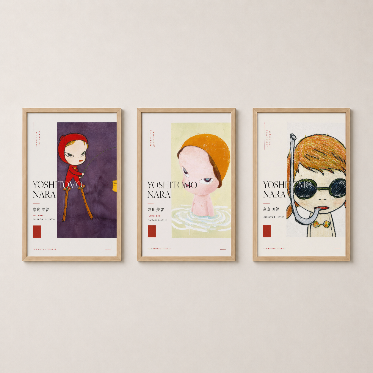 Kırmızı Turuncu Yoshitomo Nara Çocuk Figürleri Modern Sanat 3'lü Set Duvar Tablosu