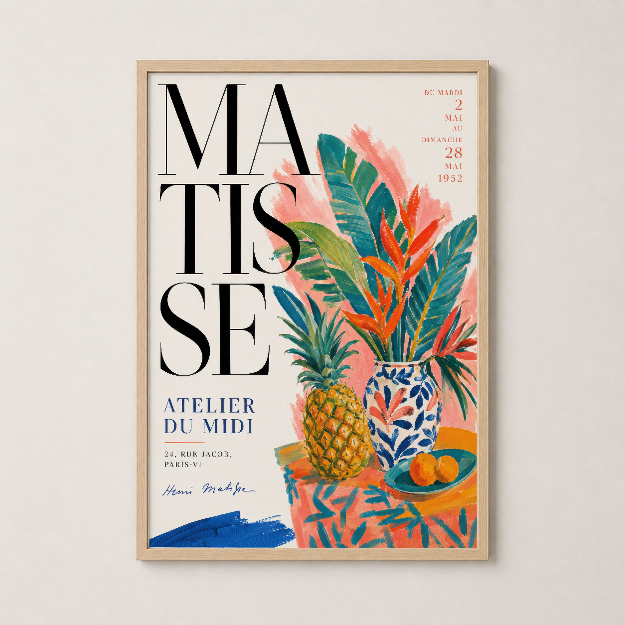 Doğal ahşap çerçevede, Matisse sergisi tablosu, neşeli tropikal çiçek ve ananas baskısı.