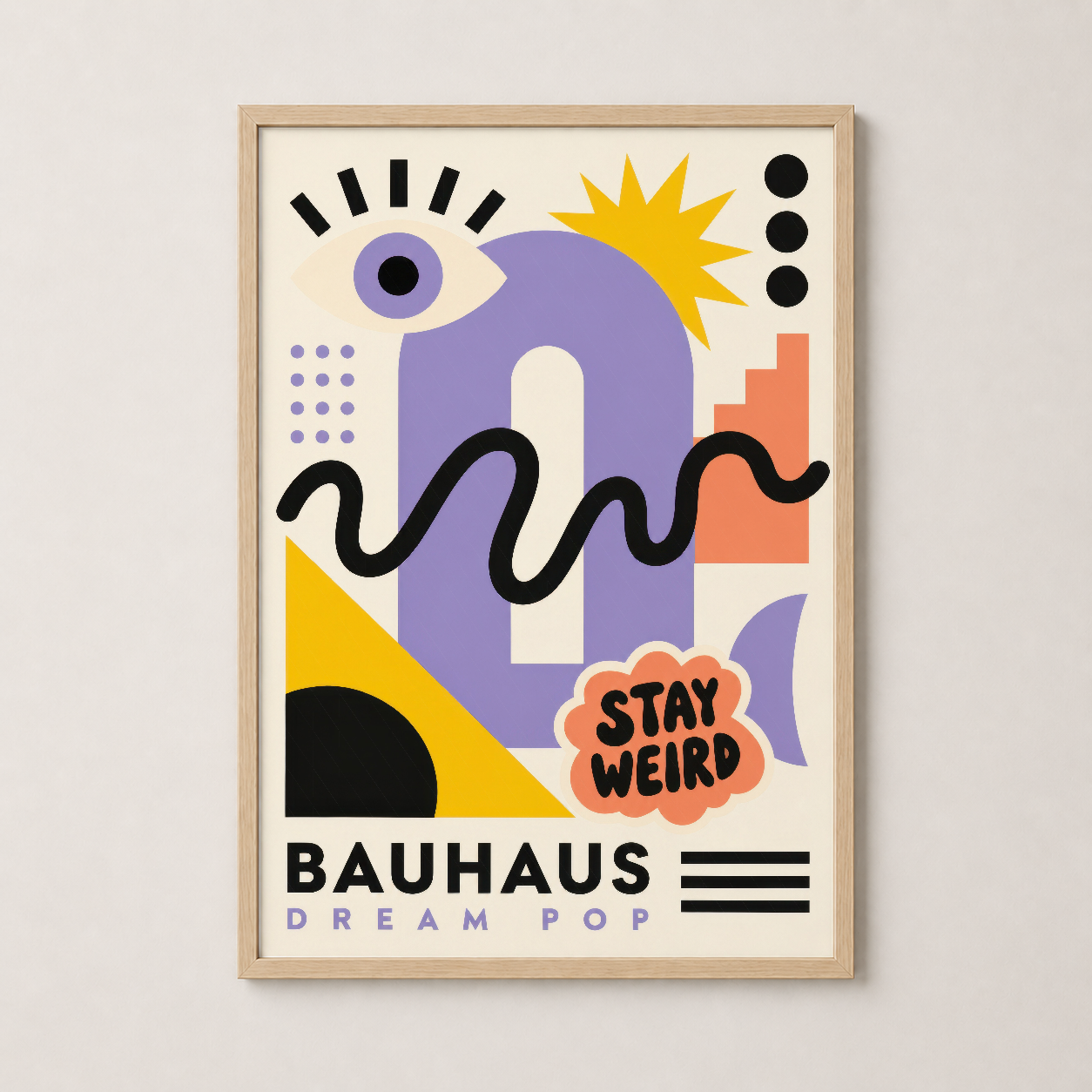 Bauhaus Dream Pop tablosu doğal ahşap çerçevede, mor-sarı-turuncu geometrik tasarım ve modern grafik sanat