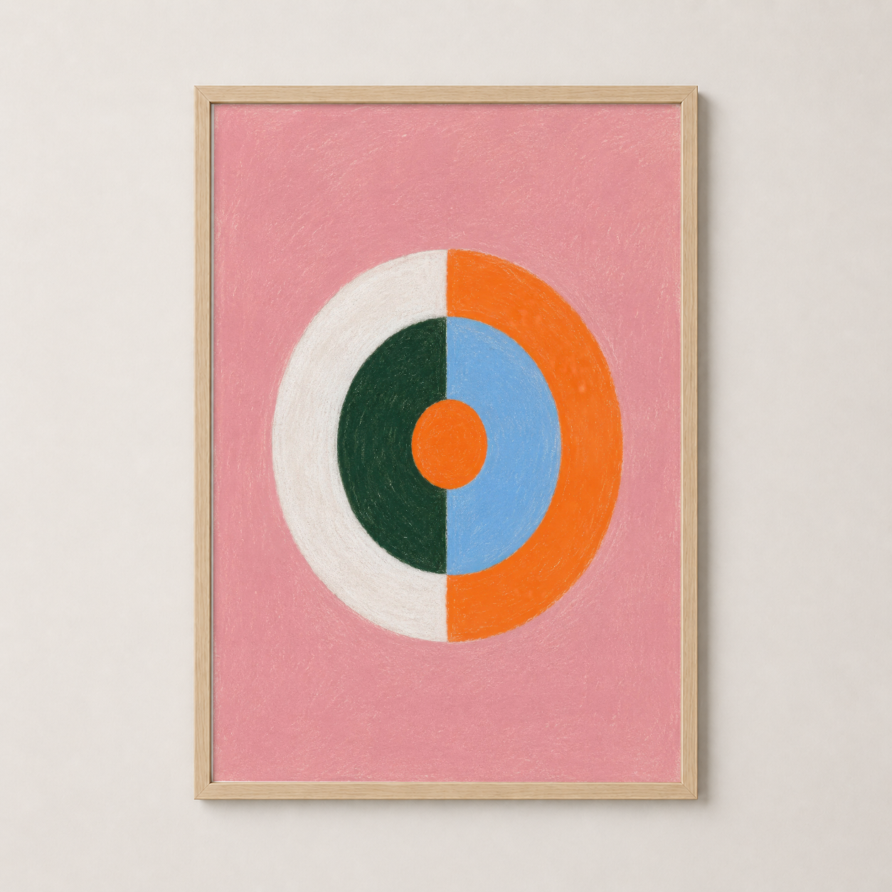 Ahşap çerçeveli sanat tablosu, pembe arka fonda renkli geometrik motif ile rahat dekorasyon