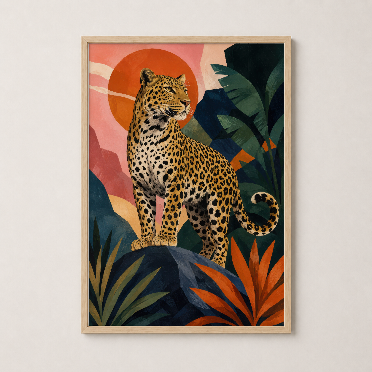 Ahşap çerçevede, tropikal yapraklarla çevrili leoparın portresi, sıcak turuncu güneş ve sanat tablosu