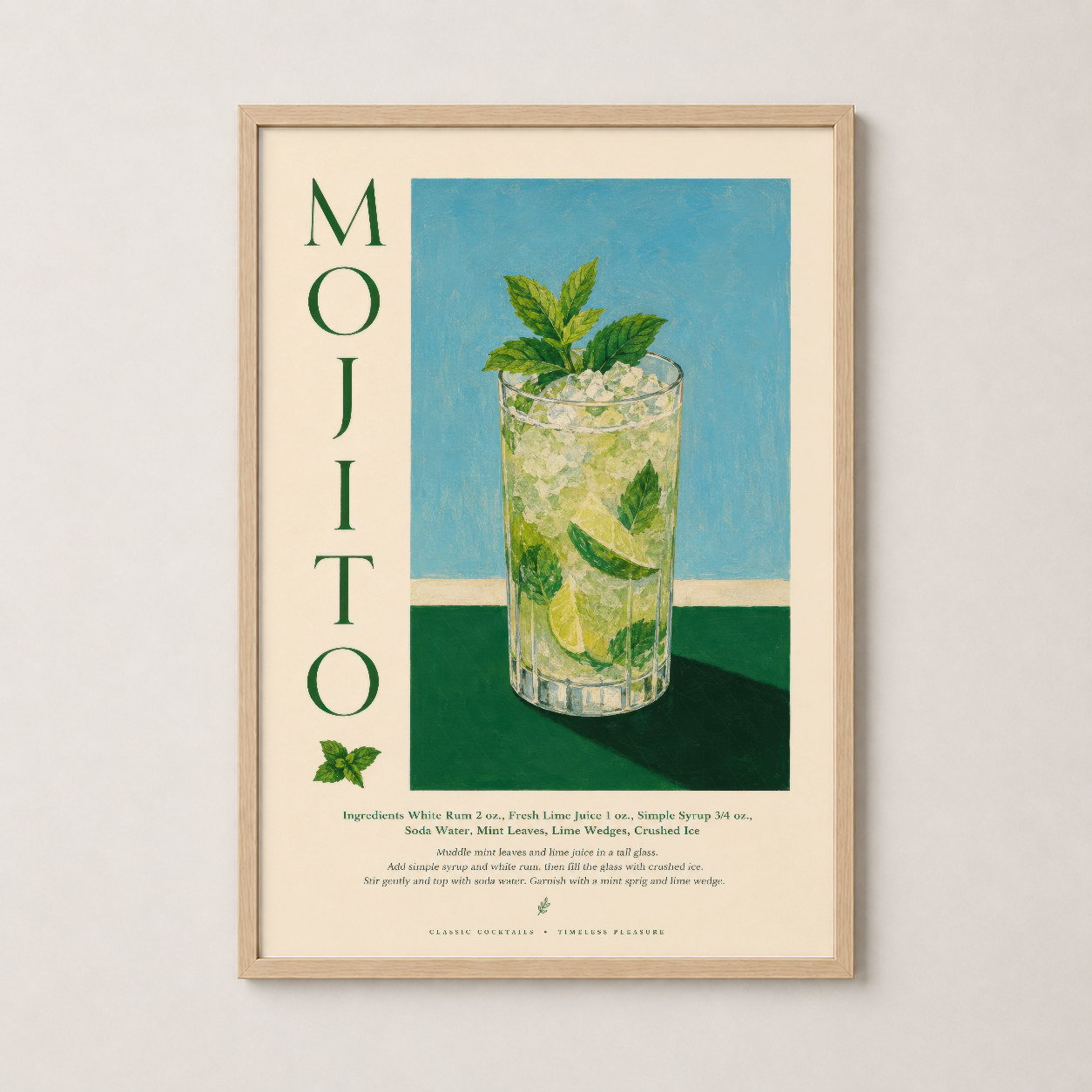 Ahşap çerçeveli Mojito tablosu, sıcak tonlarıyla rahat mutfak dekorasyonuna mükemmel uyum sağlayan sanat.