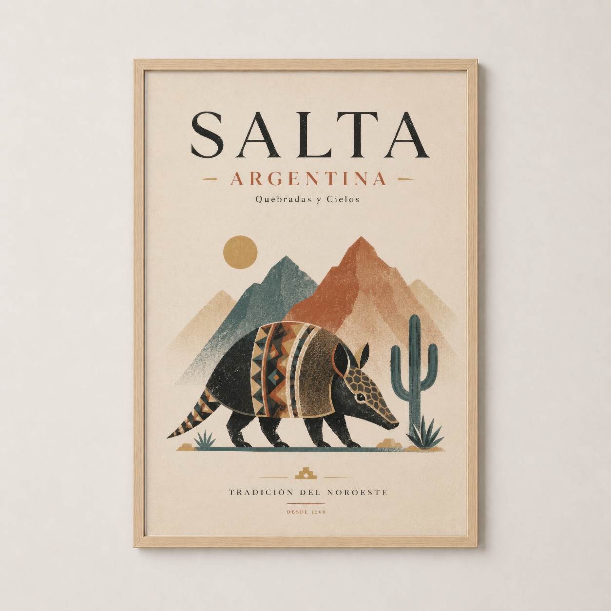 Ahşap çerçeveli Salta Arjantin posteri, sıcak tonlarla odayı dekore eden sanat tablosu.