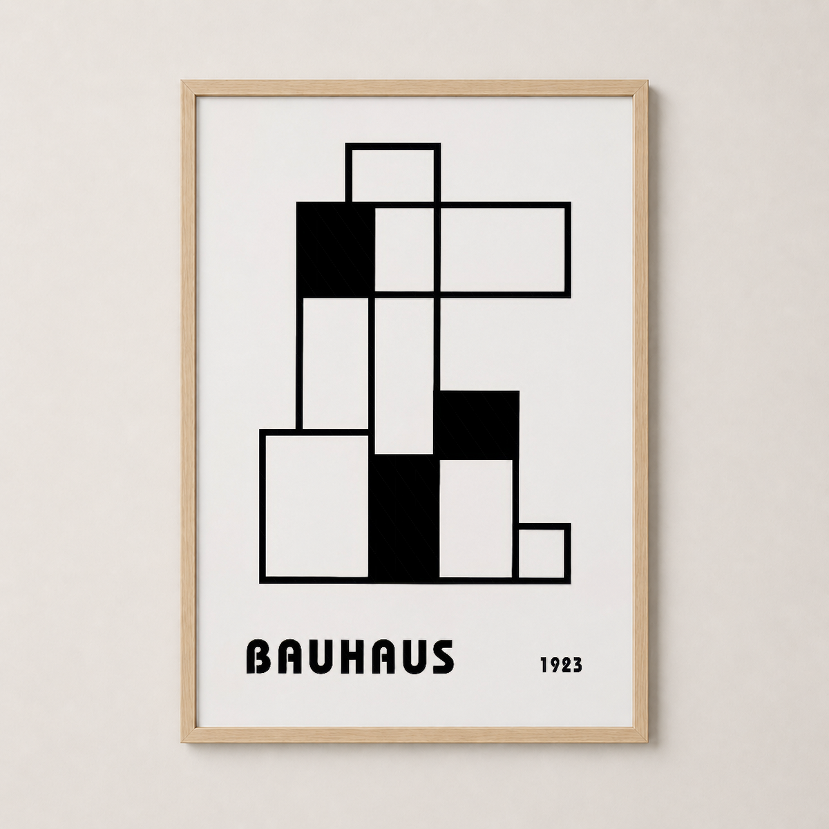 Ahşap çerçeveli Bauhaus tablosu, 1923 klasik geometrik baskı, sıcak ve doğal tonlarla zarif oda dekoru