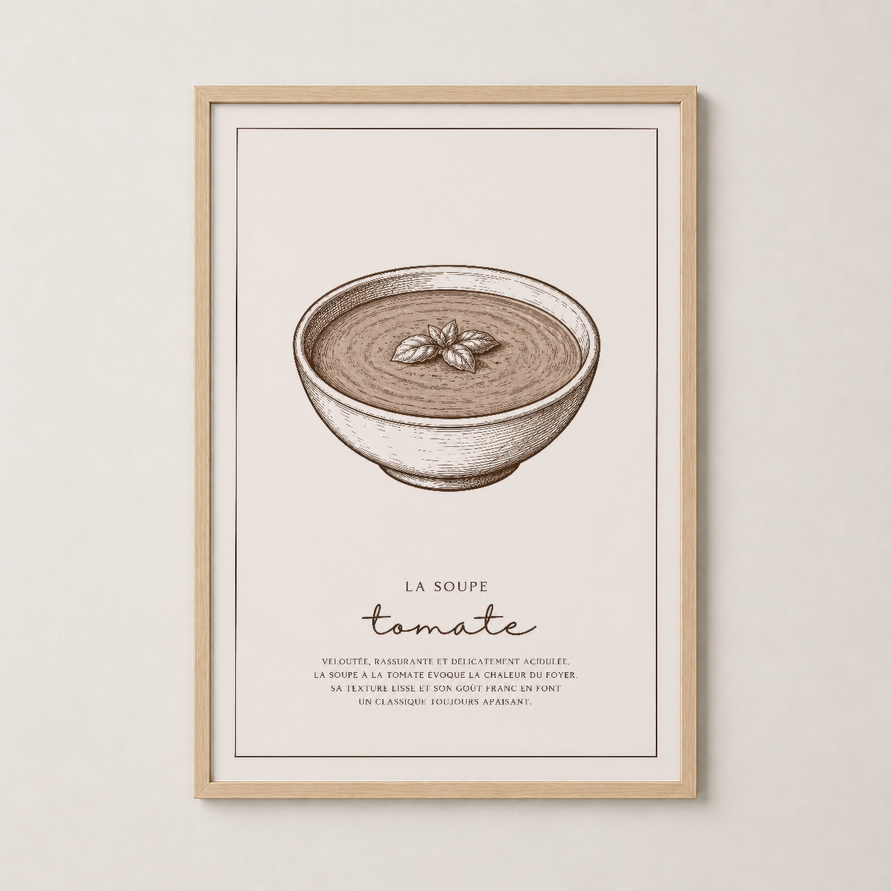 La Soupe Tomate sanat baskısı, doğal ahşap çerçeveli şık duvar dekoru, sıcak ve rustik mekan ortamı yaratır.