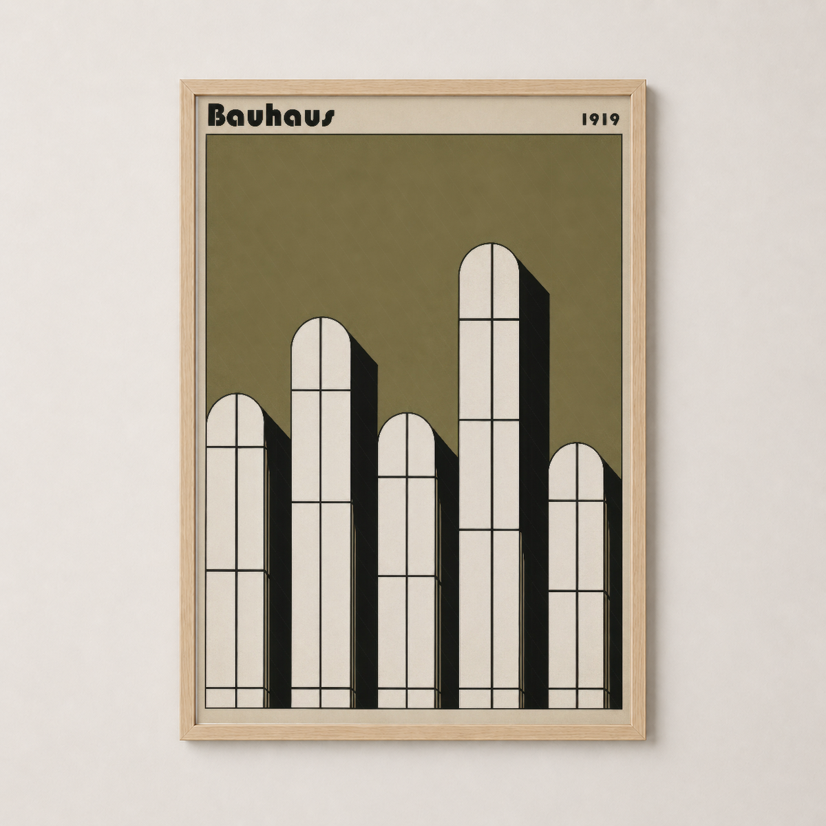 Bauhaus 1919 tasarımı ahşap çerçevede, toprak tonlu pencereli kuleler tablosu