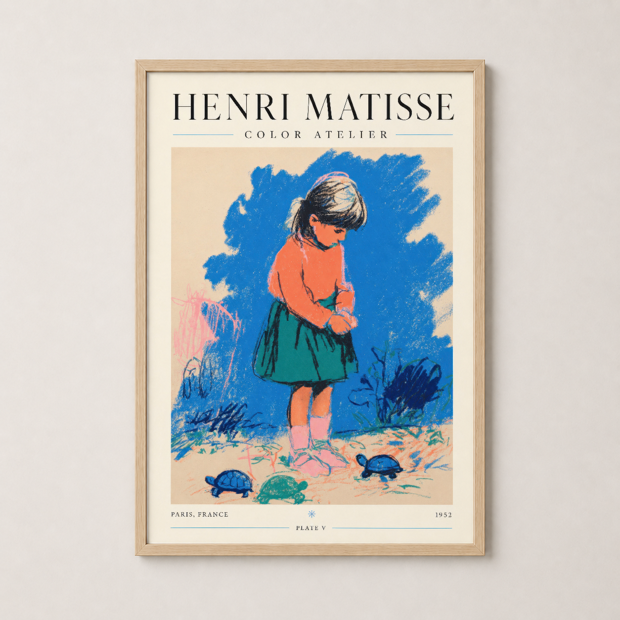 Doğal ahşap çerçevede Matisse'in vintage Color Atelier posterinin modern ve sıcak görünümü.