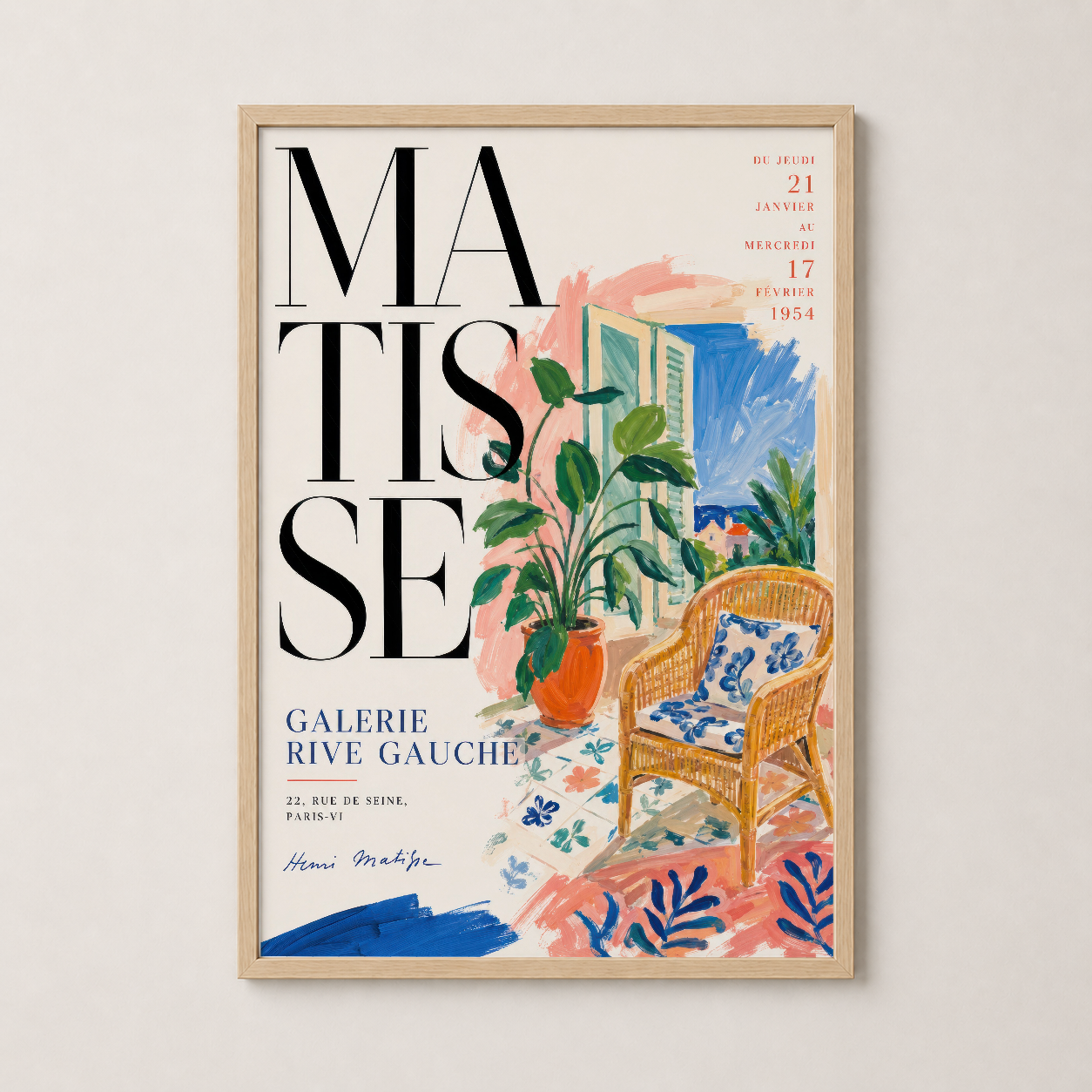 Matisse sanat posteri ahşap çerçeveli, Galerie Rive Gauche 1954 sergisi, şık dekoratif baskı.