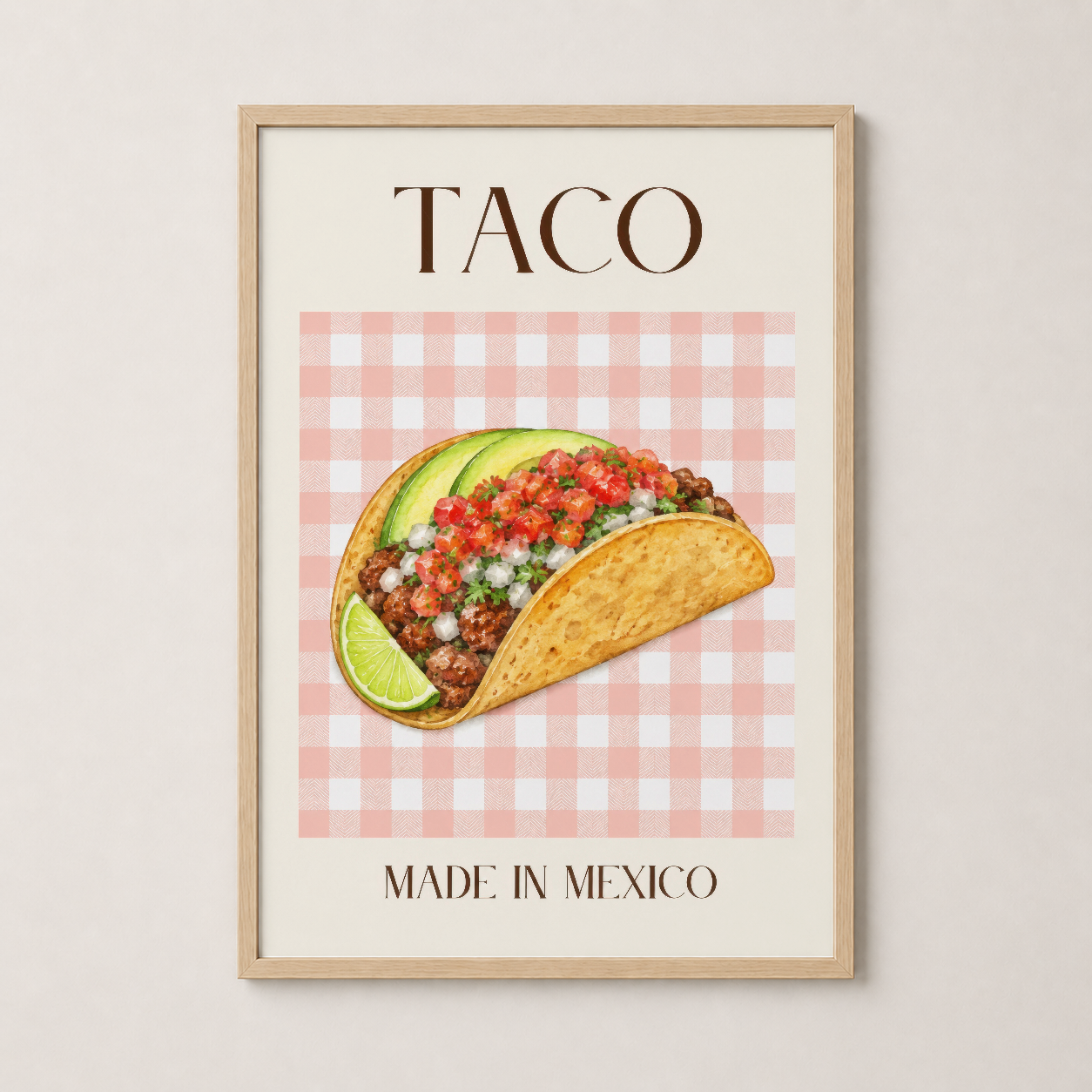 Doğal ahşap çerçeveli taco sanat eseri, sıcak ve modern mutfak dekorasyonu.