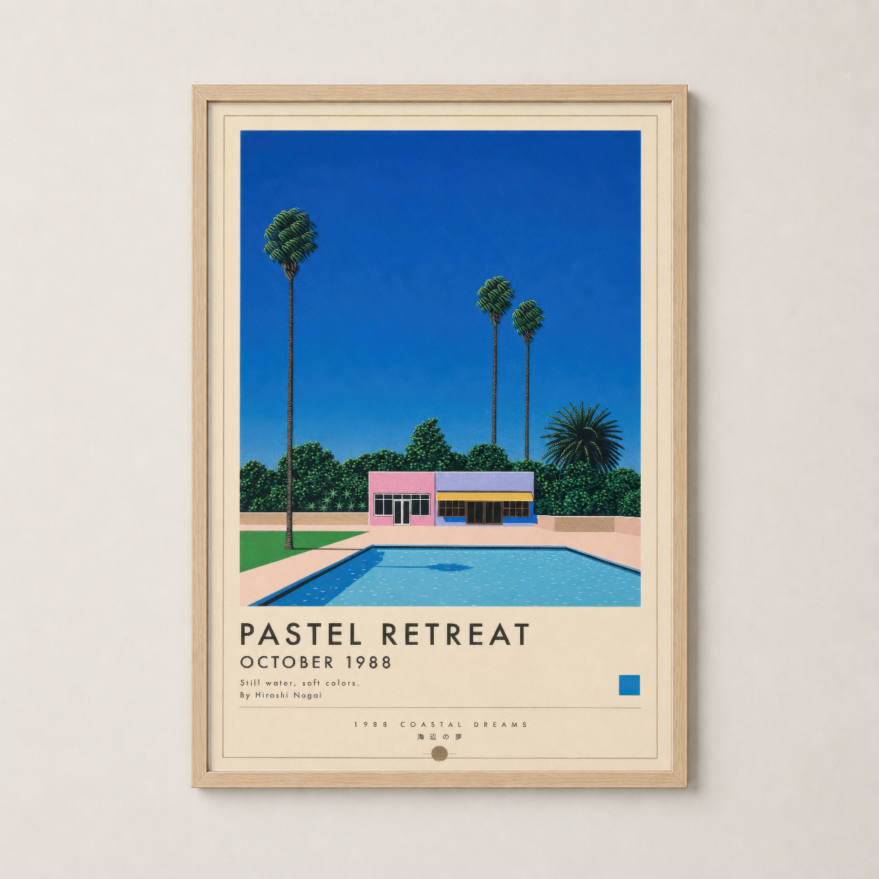 Pastel Retreat tablosu doğal ahşap çerçevede. Huzurlu vintage havuz sahnesinin zarif duvar sanatı.
