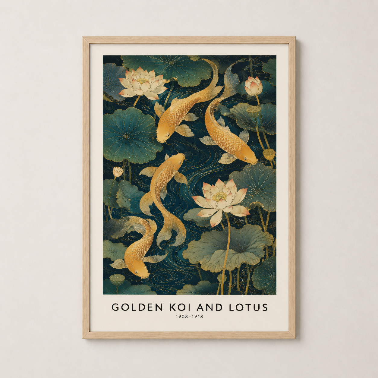 Doğal ahşap çerçeveyle sunulan, sakin bir su bahçesini tasvir eden altın koi ve beyaz lotus motifli sanat eseri.