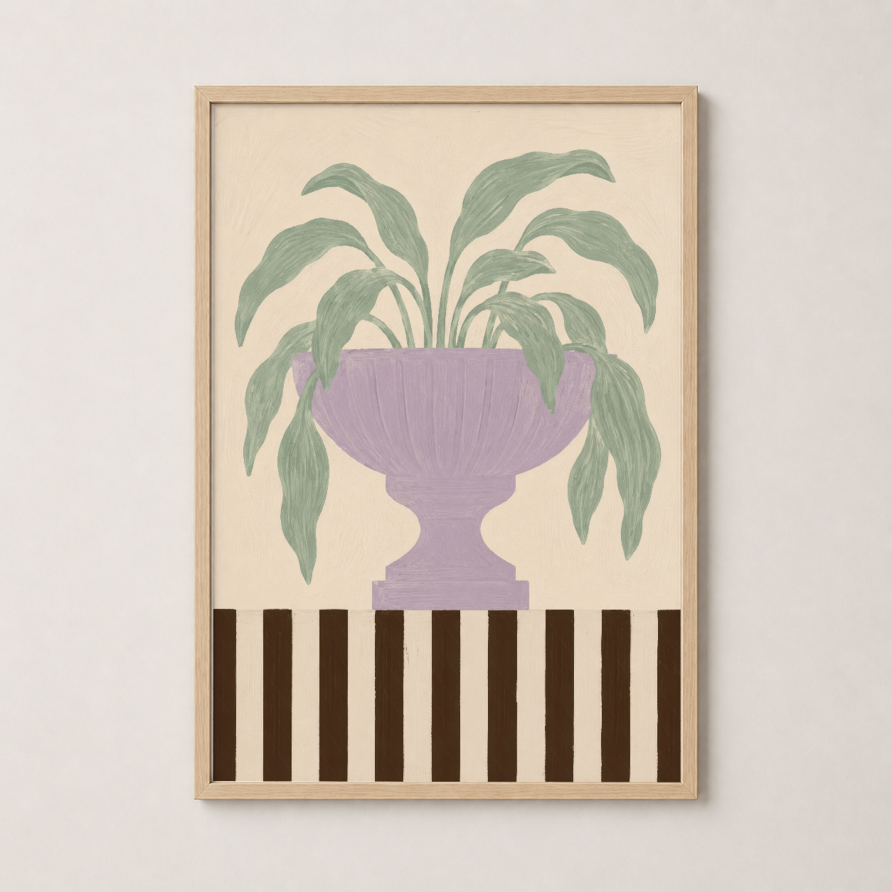 Doğal ahşap çerçevede, botanical motifli, sade ve zarif modern iç mekan tablosu.
