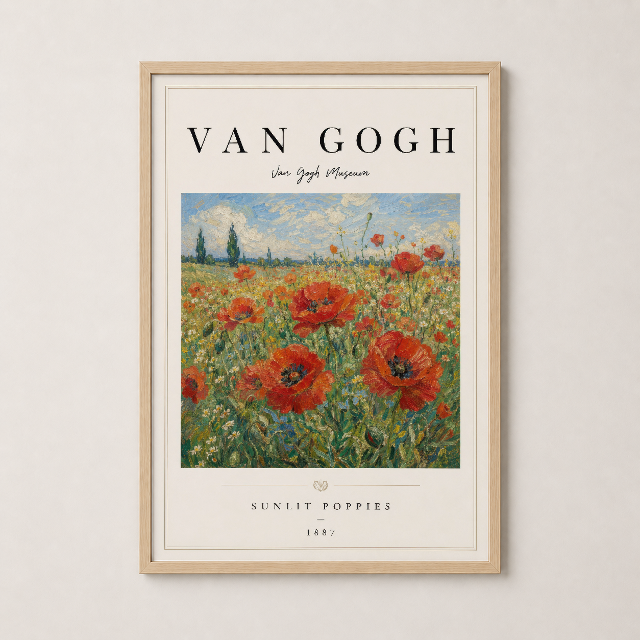 Van Gogh'un Sunlit Poppies tablosu, sıcak ahşap çerçevede çerçevelenmiş, samimi dekorasyon için mükemmel.