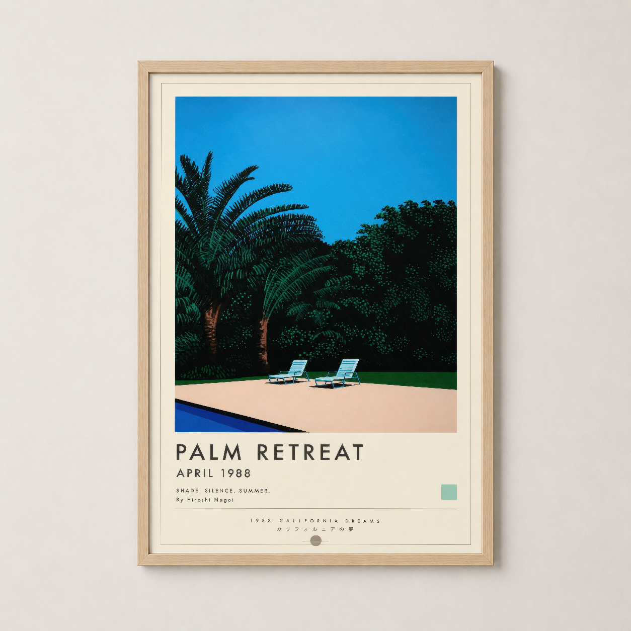 Ahşap çerçeve içinde, tropikal tema taşıyan ve retro California estetikli minimalist sanat posteri.