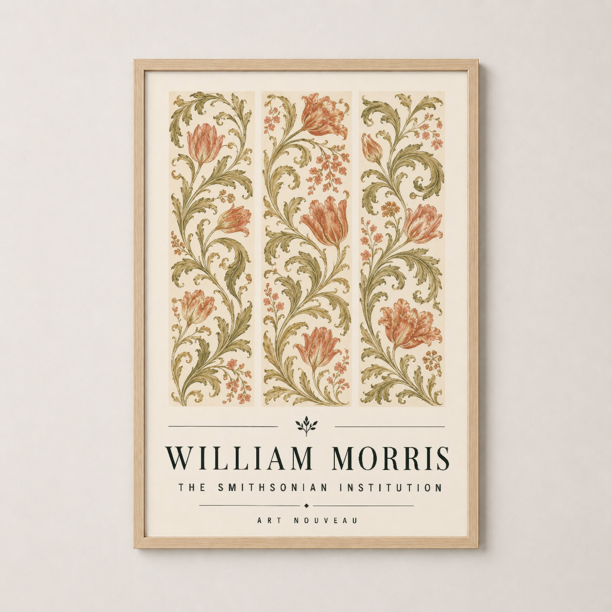 Doğal ahşap çerçevede sergilenen William Morris Art Nouveau tablosu, zarif çiçek desenli.