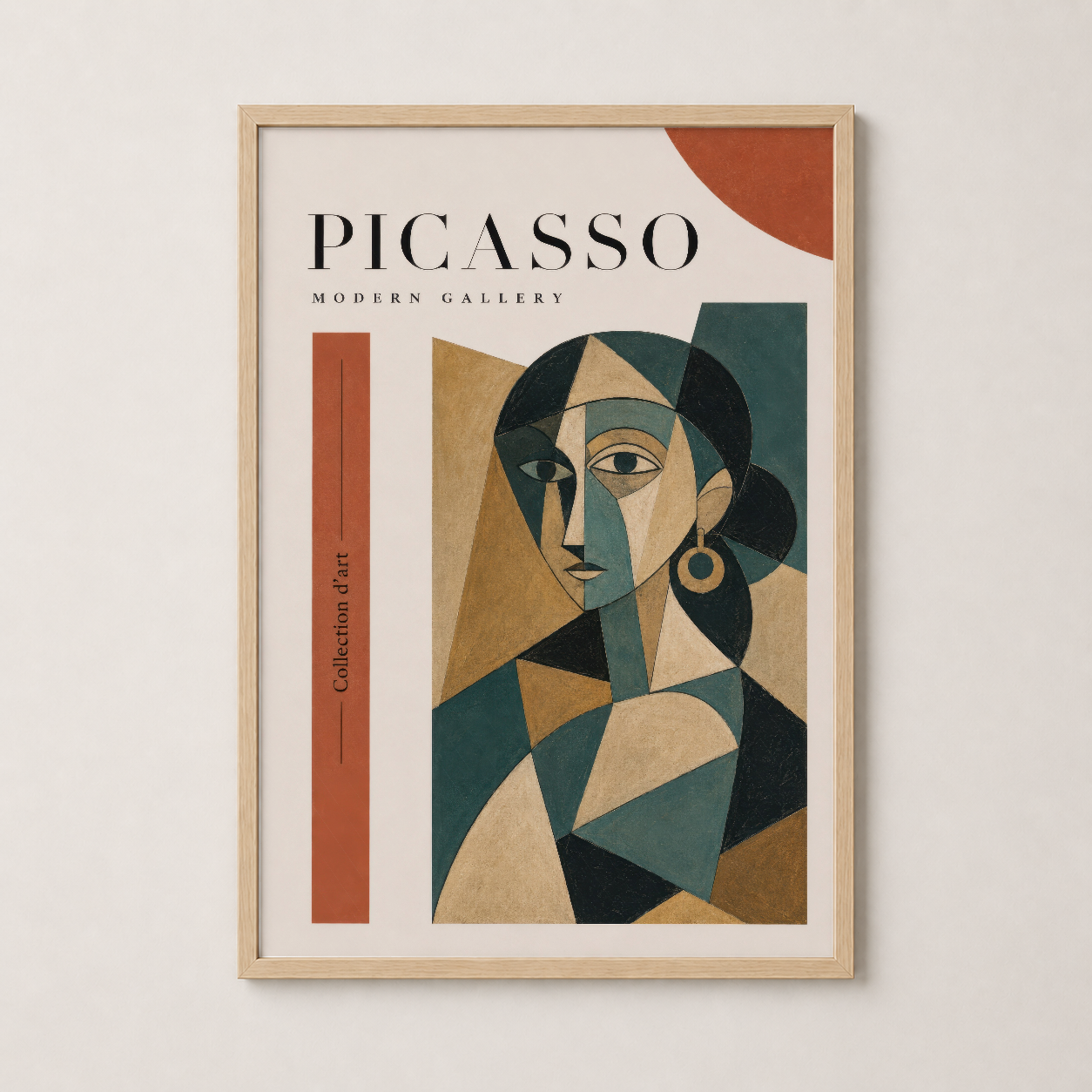 Picasso Modern Gallery posteri ahşap çerçevede, geometrik soyut portre tasarımını şık bir şekilde sunan sanat baskısı.