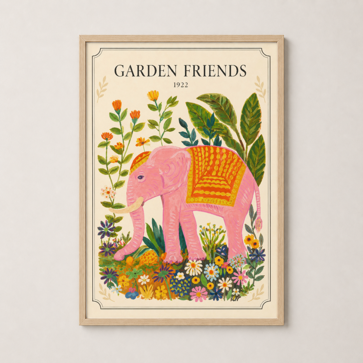 Garden Friends tablosu ahşap çerçevede, vintage stil pembe fil ve bahçe çiçekleri dekoru.