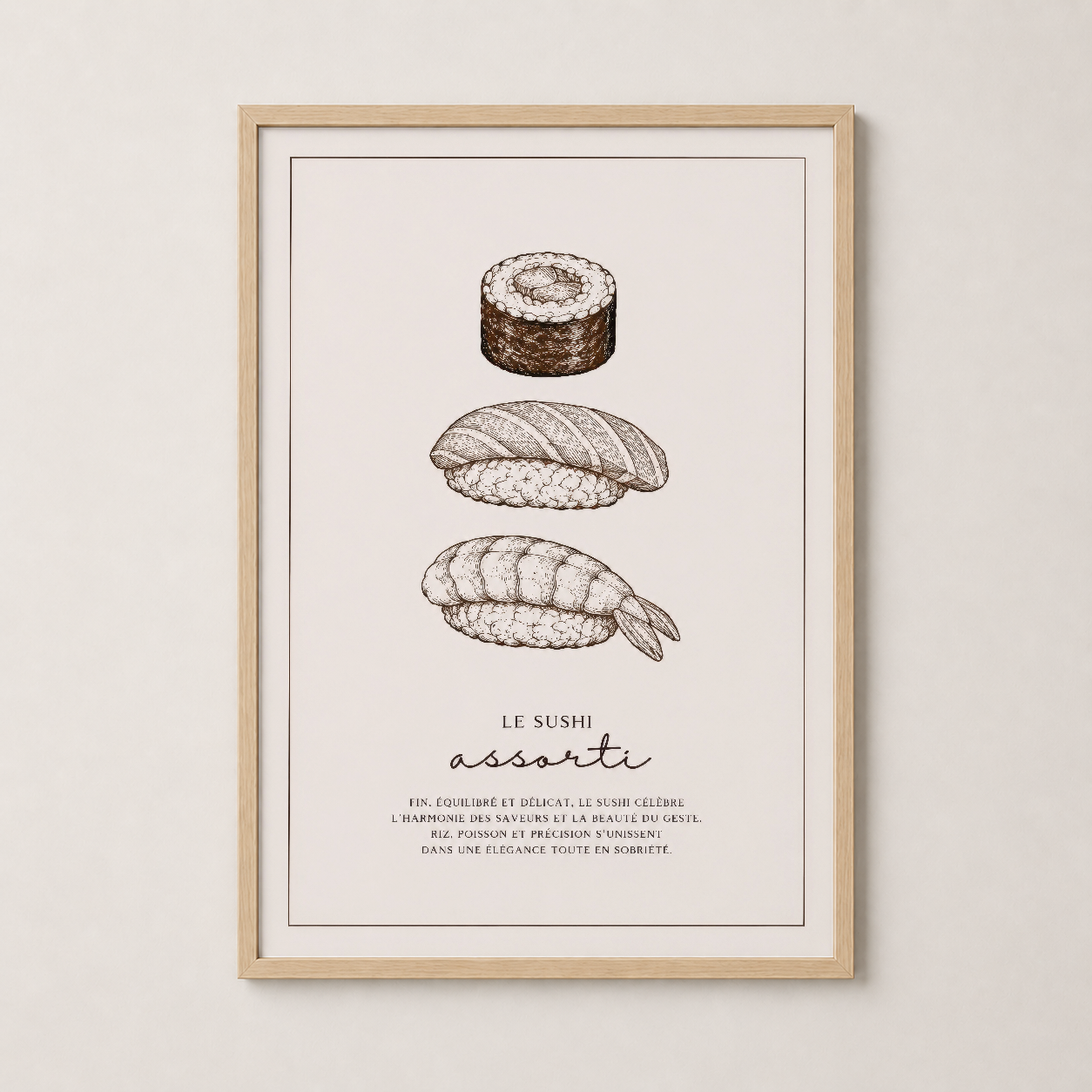 Kahverengi Bej Sushi Çizim Minimalist Mutfak Duvar Tablosu