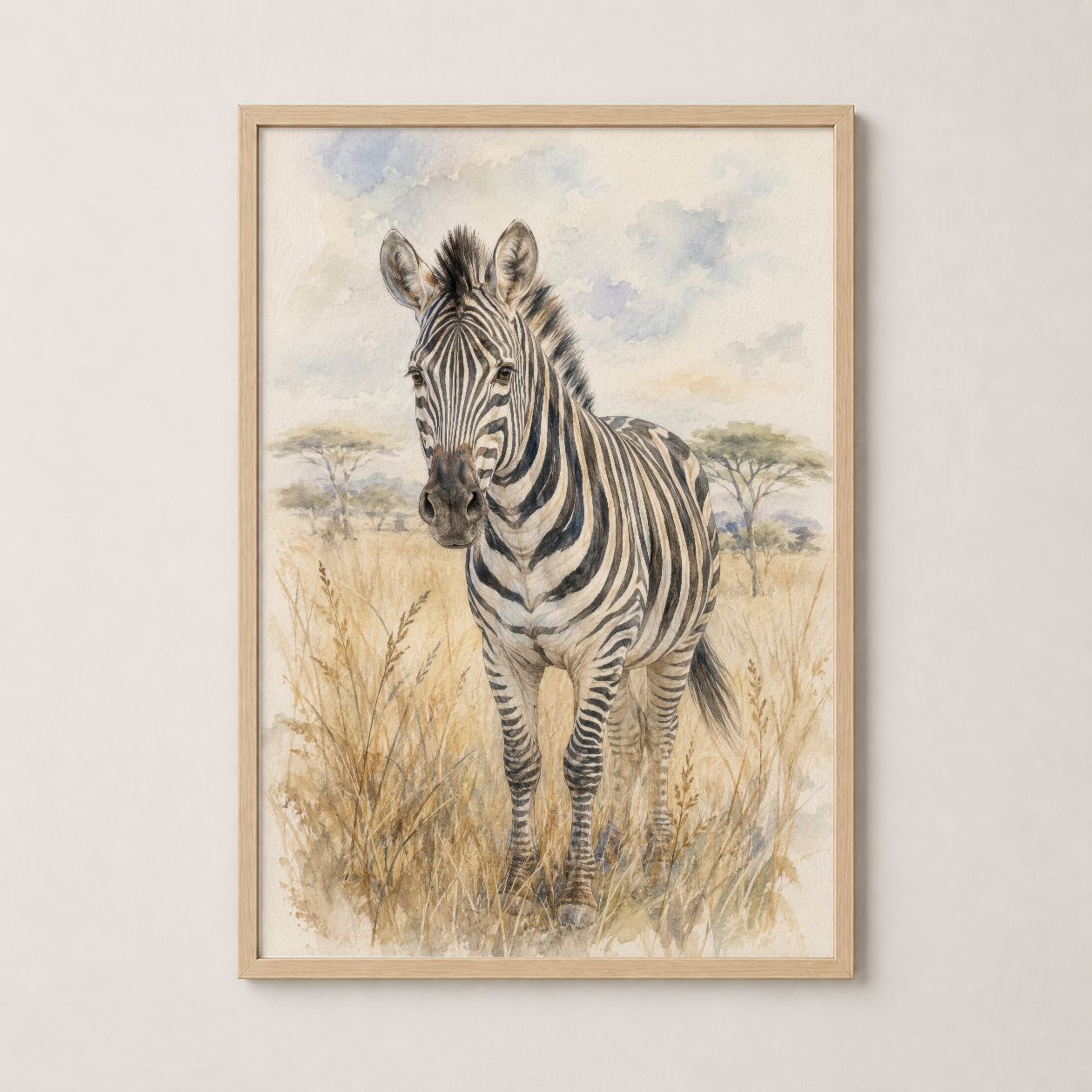 Ahşap çerçevede zebra tablosu; Afrika manzarası klasik sanat baskısı.