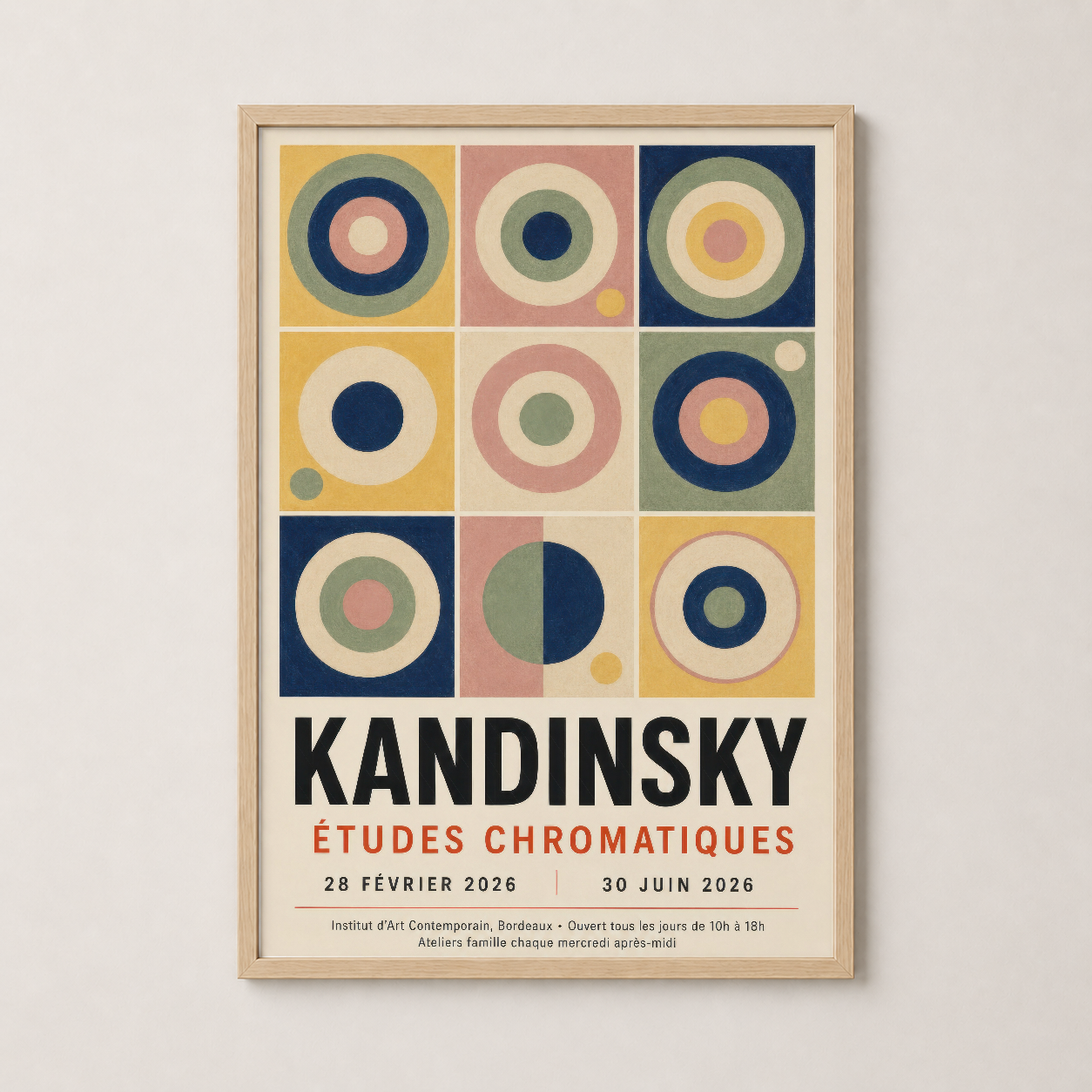 Doğal ahşap çerçeveli Kandinsky duvar sanat eseri, sıcak tonlarla iç mekanı zarif şekilde süsler.
