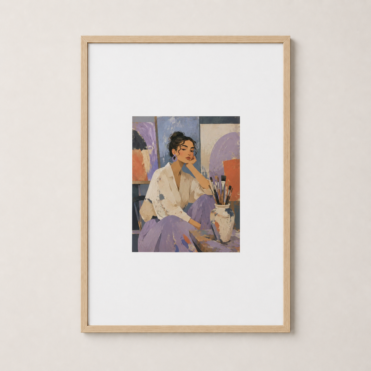 Doğal ahşap çerçeveli sanat baskısı; modern tasarımlı portre tablosu.