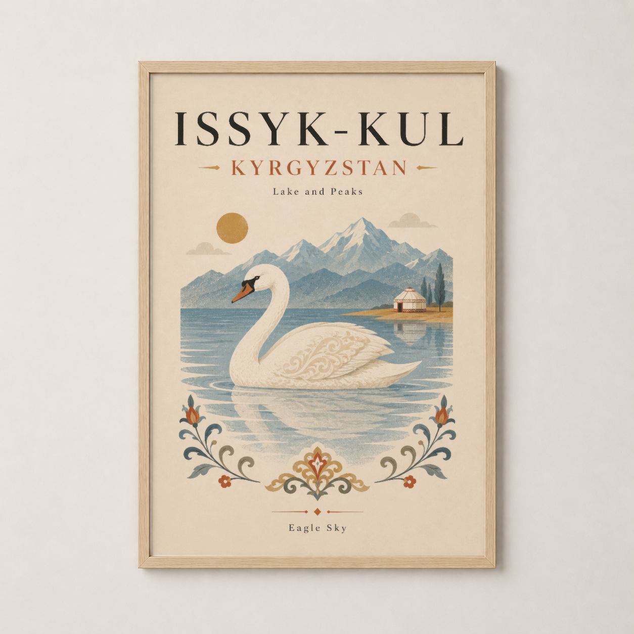 Ahşap çerçeveli Issyk-Kul Kırgızistan sanat baskısı; doğal çerçevede kuğu ve dağ manzarası posteri.