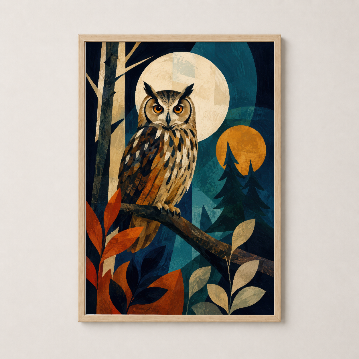 Ahşap çerçeveli baykuş sanat tablosu, doğa temalı modern tasarımla odayı harika dekoratif görüntü.