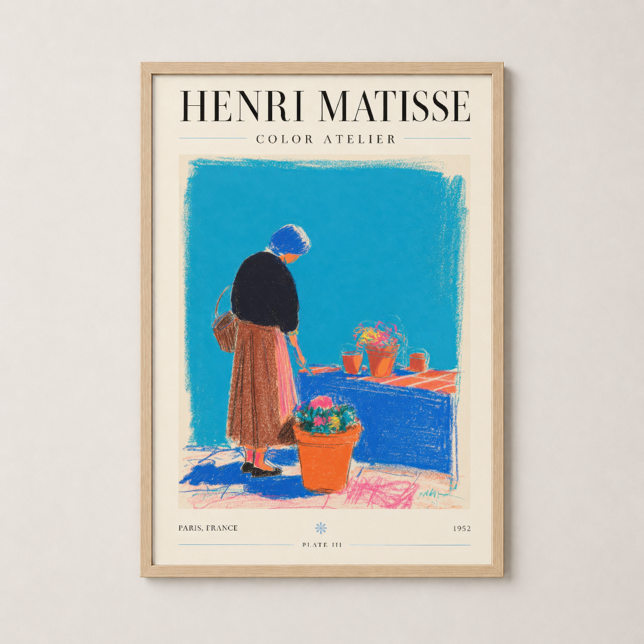Matisse Color Atelier posterinin ahşap çerçeveli hali, sıcak ve doğal estetik ile odayı canlandırıyor.