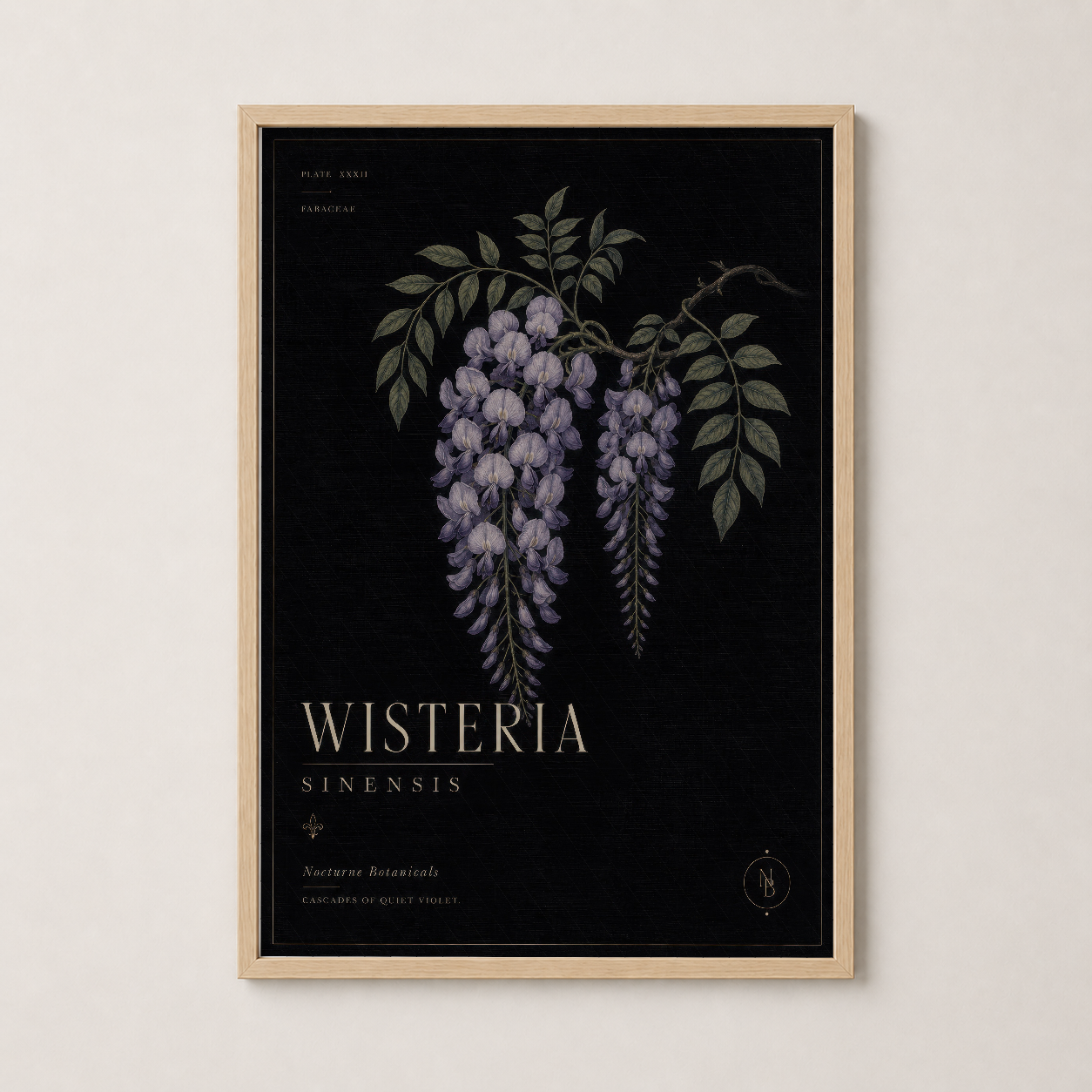 Doğal ahşap çerçeveli wisteria sanat tablosu, sıcak ve dekoratif bir duvar dekorasyon parçası.