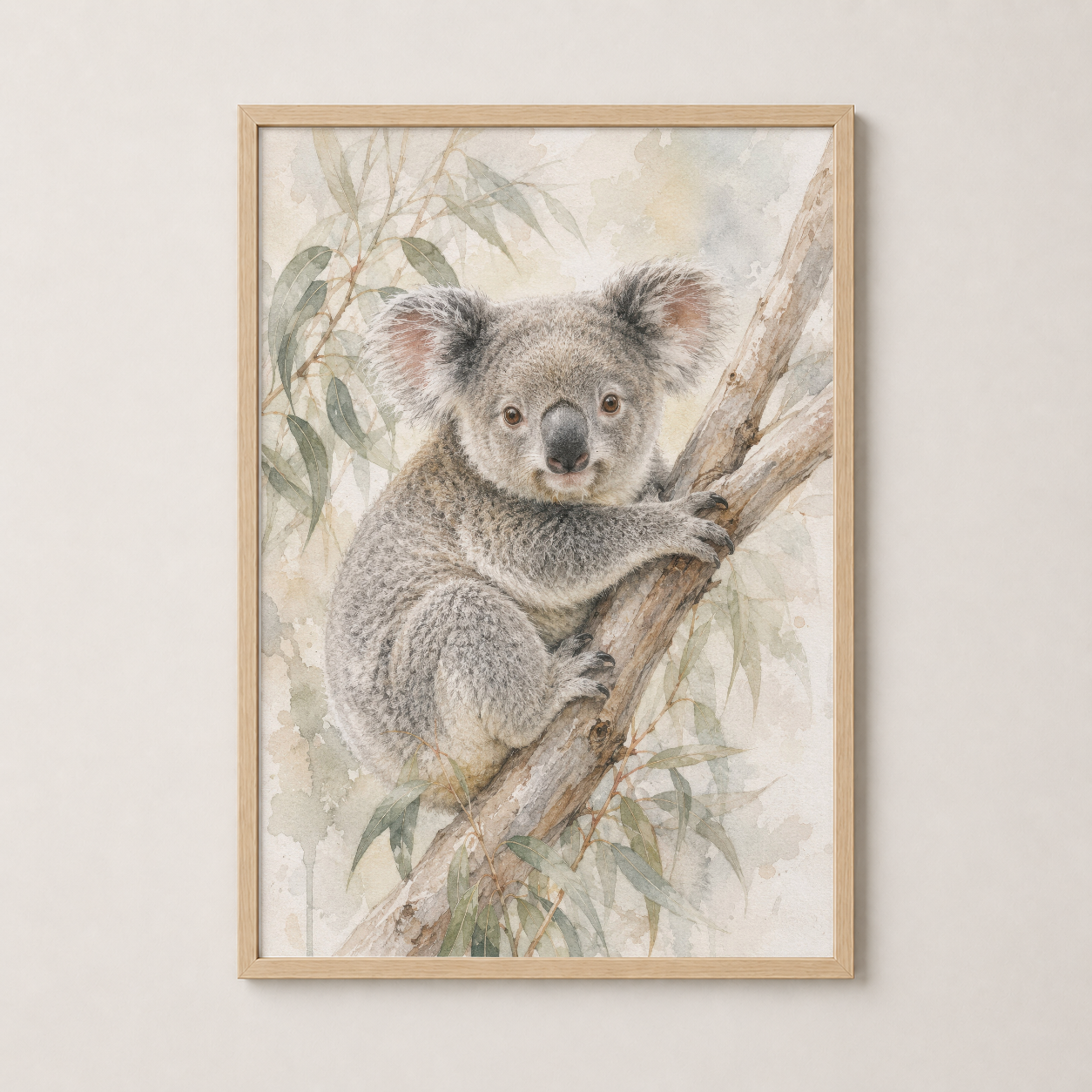 Açık ahşap çerçevede koala sahnesi, ısıtıcı doğa estetikleriyle dekoratif duvar sanatı.